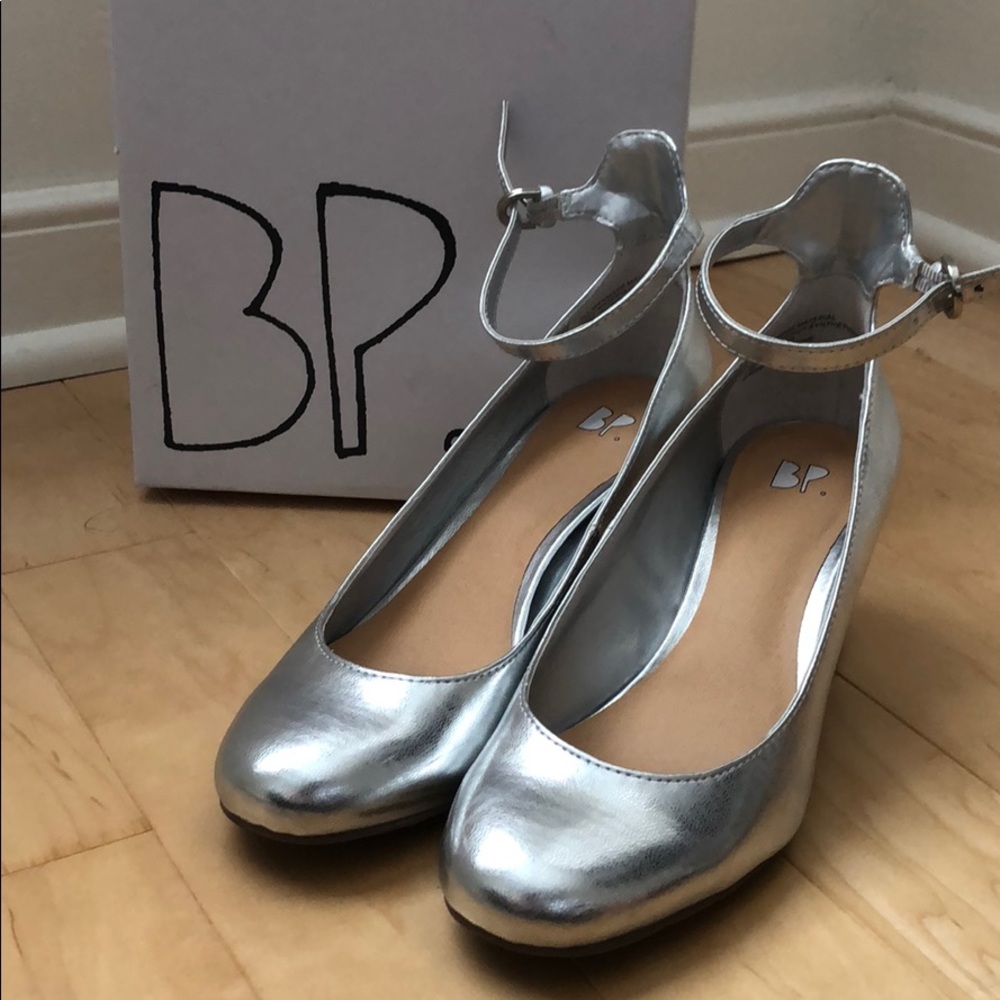 BP metallic silver boxes heels